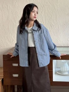 DAZY 女童条纹领长袖梭织衬衫，秋季 - 藍色 - 查看 5