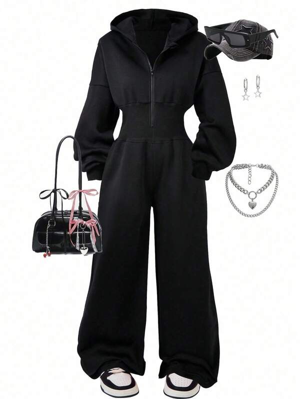 SHEIN Glowzi Teenager Mädchen Kapuzen Zweiteiler, schwarze Reißverschluss-Hoodie Jacke und gerade, weite Hose Set, Collegestyle Outfit, Rückkehr zur Schule, Streetwear