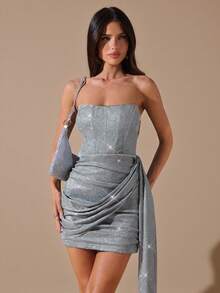 SHEIN BAE Sexy, Elegant & Sweet Solid Silver Rhinestone Embellished Bodycon Asymmetric Ruffle Hem Glitter Mini Dress, Graceful Party Dress - Silver - View 1