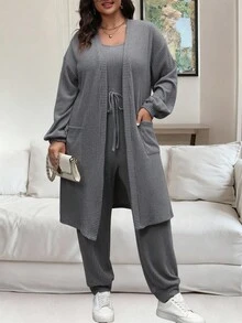 Vionelle 2-Piece Plus Size Casual Solid Color Jacket And Pants Set Fall Cloth For Women - Dark Grey - View 3