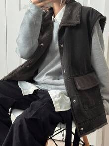 FRIFUL 女式拼布羊羔绒牛仔背心夹克背心 - 黑色 - 查看 1