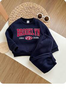 SHEIN 2pcs Baby Girl Cute Grey Letter Print Long Sleeve Sweatshirt And Pants Set, Autumn/Winter Fall - Navy Blue - View 3