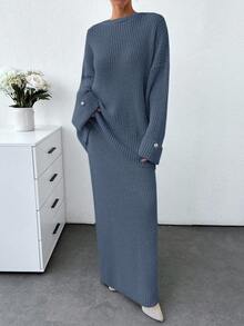 EURMUSE 女士纯色厚实毛衣和毛衣裙套装 - 霧霾藍 - 查看 6