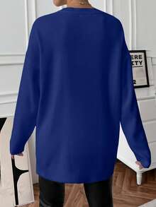 EURMUSE 女式休闲落肩长袖圆领侧扣套头衫，秋冬 - 寶藍色 - 查看 2