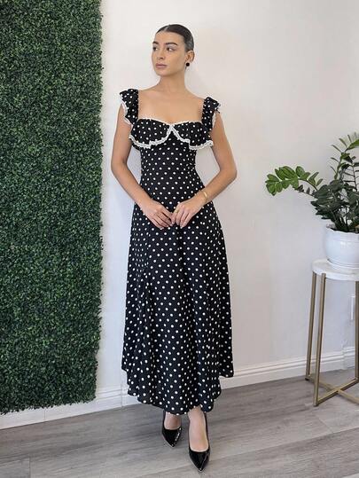 Andrea Bello 法国复古黑白波尔卡圆点、荷叶边和蕾丝镶边下摆、百搭优雅女装