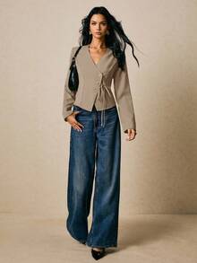 Poéselle 女式纯色长袖单排扣腰系带休闲衬衫 - 淺灰色 - 查看 4