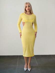 SHEIN ICON Women's Mustard Yellow Knitted Hollow-Out Sheer Long Sleeve Bodycon Dress In Fall/Winter - Yellow - View 3