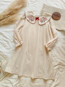 Vintaside Kids 女童秋季刺绣翻领长袖时尚连衣裙，适合秋季郊游、露营、家庭聚会和派对等日常休闲穿着 - 杏色 - 查看 3