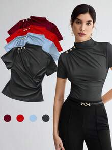 BizChic Áo thun nữ cổ bẻ kim loại thêu nút may tay thời trang thu đông 2025, thời trang hiện đại thanh lịch, trang phục công sở, phong cách cổ điển, đa năng, cơ bản, lãng mạn, thích hợp cho những dịp trang trọng, tiệc tùng, bãi biển, đám cưới, khách, chủ nhà, lễ hội nhạc đồng quê, bữa sáng, sân bay, ngày quốc khánh, năm mới, giáng sinh, halloween, lễ tạ ơn - Màu xám đen - Xem 1