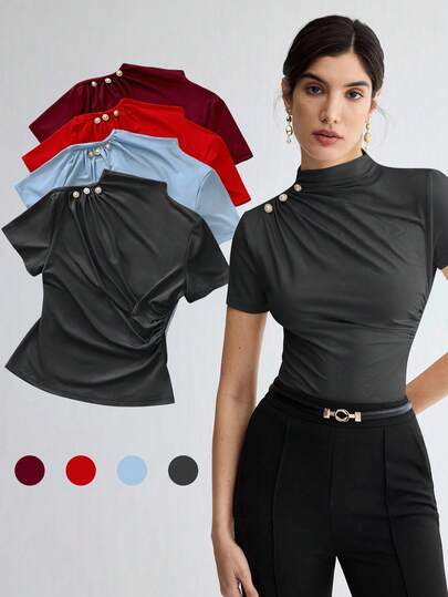 BizChic 2025 Autumn/Winter New Olive Green Asymmetric Neck Ruched Metal Decor Hand-Sewn Button Women's T-Shirt, Modern Elegant Fashion Commuter Business Casual Office Outfit, Vintage Style Versatile Basic Romantic Suitable For Formal Occasions, Party, Beach, Wedding, Guest, Host, Country Music Festival, Breakfast, Airport, National Day, New Year, Christmas, Halloween, Thanksgiving Casual Outerwear