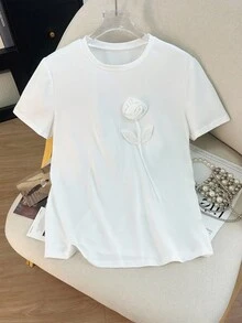 SHEIN 女士 3D 花卉印花圆领短袖休闲 T 恤 - 白色 - 查看 1