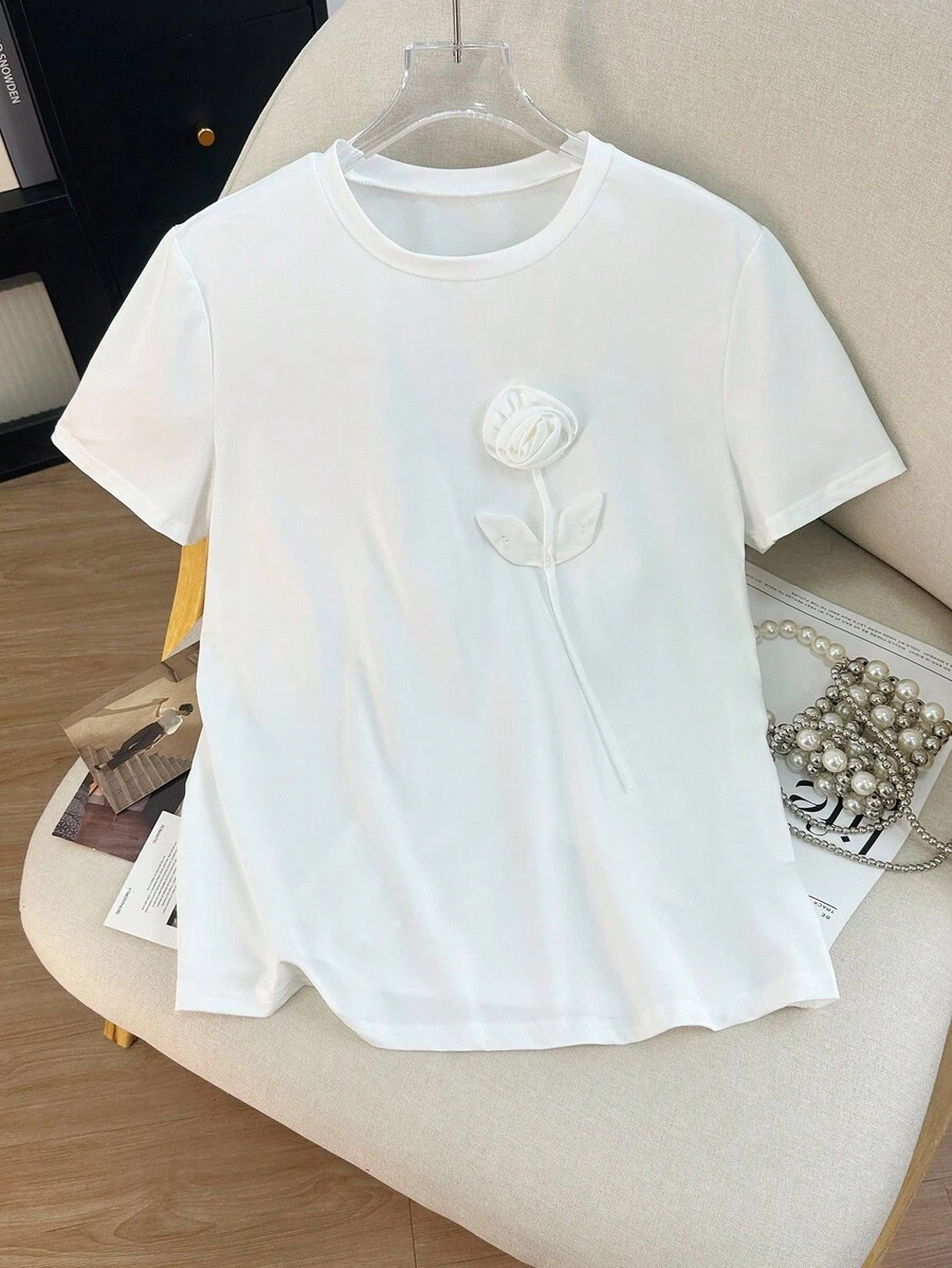 SHEIN 女士 3D 花卉印花圆领短袖休闲 T 恤 - 白色 - 查看 1