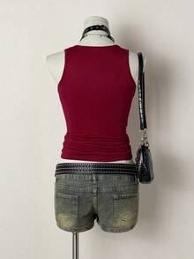 EgrlEra Women's Khaki Y2K Rhinestone Decor Black Pattern Print Streetwear Slim Fit Comfortable Punk Rock Casual Camisole - Red - View 2