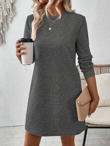 SHEIN LUNE Váy dài tay màu trơn đơn giản thường ngày - Màu xám đen - Xem 4