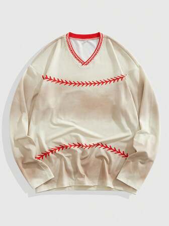 Street Life T-shirt à manches longues col V imprimé couleur contrastée, décontracté, automne