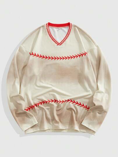 Street Life Men's Casual Contrast Color Print Long Sleeve V-Neck T-Shirt, Autumn