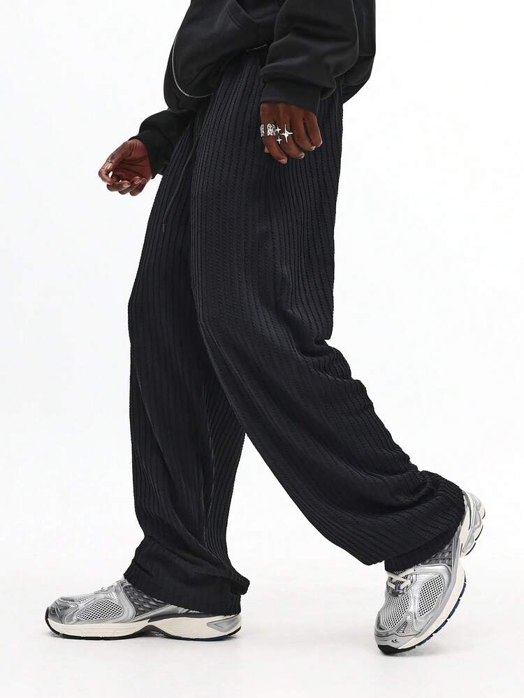 Ribbed Knit Relaxed Fit Pants With Drawstring Waist