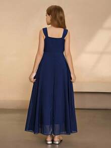 Girls' V-Neck Sleeveless High Waist Long Chiffon Ethereal Formal Dress, Navy Blue, Suitable For Graduation, Prom, And Other Formal Occasions - Blue - View 2