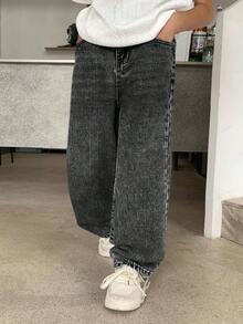 SHEIN Jeans droits décontractés et confortables en denim bleu vintage cool pour garçons, vêtements Y2K pour enfants. Vêtements quotidiens doux pour garçons, vêtements d'automne et d'hiver, tenues de rentrée scolaire, de fête, de festival et de plage, streetwear scolaire, style old money streetwear punk - Noir - Voir 3