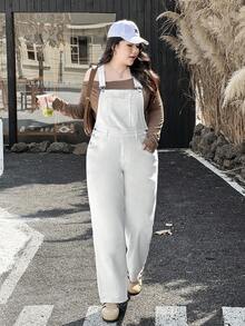 Rivivi Quần yếm denim ống đứng dáng rộng thoải mái cỡ lớn có túi xéo - trắng - Xem 6