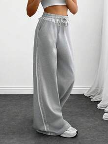 SHEIN Women's Grey Melange Wide-Leg Pants With Lace Trim Detail - Grey - View 4