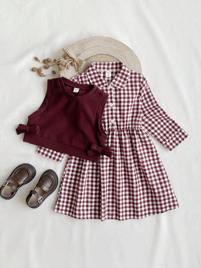 SHEIN 2 件套女童休闲格子领长袖连衣裙和针织背心，适合秋冬季外出、派对、日常穿着和返校季节