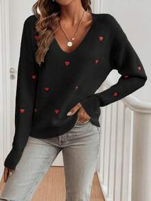 EMERY ROSE Heart Pattern Dropped Shoulder Sweater, Casual For Autumn/Winter - Black - View 3