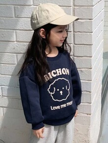 DAZY Young Girls Knitted Thermal Lined Crew Neck Printed Long Sleeve Sweatshirt, Fall - Navy Blue - View 5