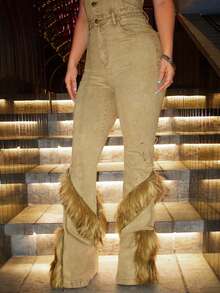 Jeanoix Y2K Women's Halter Single-Breasted Faux Fur Patchwork Denim Jumpsuit - Khaki - View 4