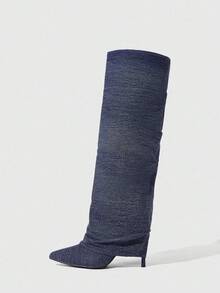 CUCCOO SZL Women's Pointed Toe Stiletto Heel Blue Denim Dual Fabric Design Fashionable Minimalist Comfortable Daily Party Slip-On Side Zipper Boots - Navy Blue - View 5