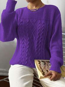 EMERY ROSE Plus Size Women Cable Pattern Crew Neck Long Sleeve Casual Pullover Sweater, Autumn/Winter - Purple - View 1