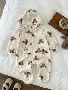 LMoss Kids LMoss 女婴小熊图案针织休闲连帽连体衣，小熊套装，男女通用婴儿服装，冬季婴儿服装，连帽婴儿连体衣，舒适的秋冬款式，冬季服装，卫衣 - 黑色 - 查看 5