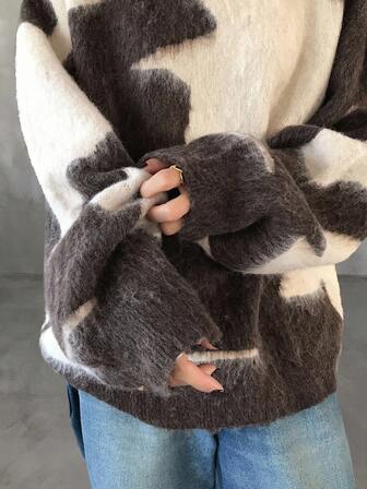 FRIFUL Women's Contrast Color Round Neck Drop Shoulder Long Sleeve Loose Casual Versatile Sweater, Autumn/Winter