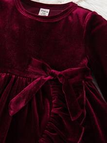 Babygirl Burgundy Cute & Elegant Velvet Knit Ruffle Hem Dress - Red - View 4