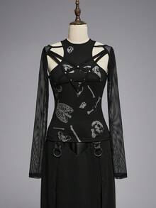 ROMWE Áo hở vai in họa tiết bộ xương động vật và con người theo phong cách Gothic dành cho nữ - màu đen - Xem 1