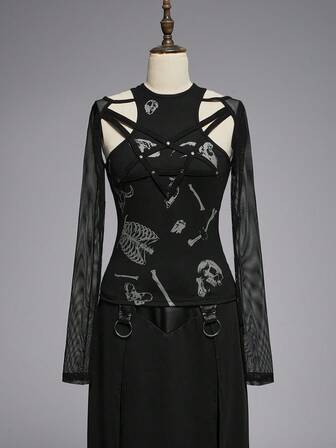 Goth Maglietta da donna con stampa gotica di scheletri di animali e umani e design con spalle scoperte
