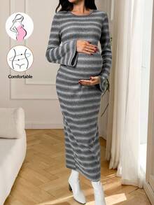 SHEIN Comfortable Fitted Stretchy Casual Long Sleeve Maternity Dress Striped Maternity Dress Ribbed Maternity Dress Maternity Knit Dress Fitted Maternity Dress - Multicolor - View 7