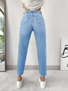 EURMUSE Jeans casuales y versátiles de talle alto con bolsillos y desgastados para mujer - Celeste - Ver 2