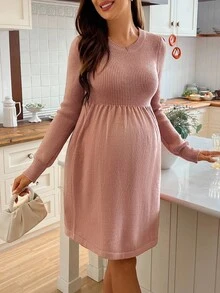 SHEIN Vestido de maternidad de punto de cuello redondo de unicolor de manga larga, otoño/invierno - Rosa vieja - Ver 3