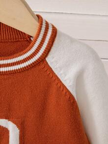 SHEIN 3pcs Baby Boy Stylish & Cute Outfit Set, Including Orange Baseball Style Sweater, Matching Pants, And Adorable Knit Hat, Perfect For Outings And Family Gatherings In Spring, Autumn And Winter - Rust Brown - View 5
