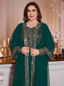 Layrah 2件套迪拜风格优雅奢华轻盈连衣裙，适合中东/阿拉伯女性 - 墨綠色 - 查看 5