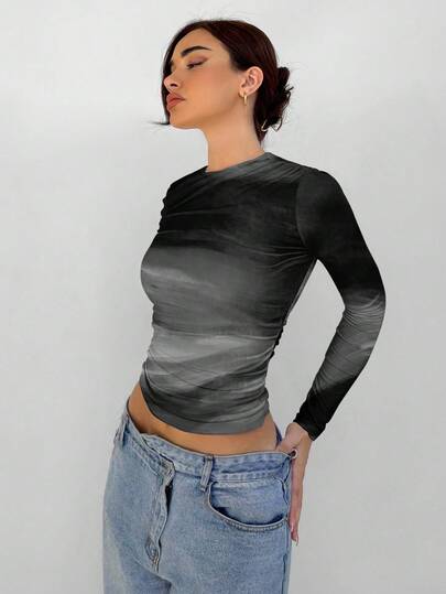 Aloruh Camiseta de manga larga con cuello redondo, versátil como capa base para otoño/invierno, con estampado floral elegante y degradado de teñido anudado