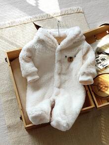 SHEIN Vintaside Kids 新生儿简约时尚可爱刺绣小熊长袖连体睡衣 - 白色 - 查看 3