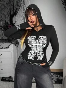 Whyspr Plus Size Women Casual Eyelet Hoodie Long Sleeve Printed T-Shirt