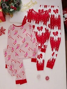 4 件套贴身少女睡衣套装，长袖上衣和裤子，蝴蝶结、棒棒糖和圣诞主题印花，舒适面料，优雅家居睡衣 - 彩色 - 查看 2