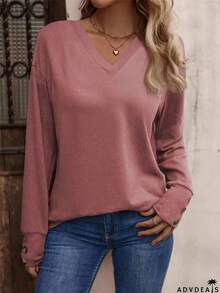 INAWLY Plus Size Women's Solid Color V-Neck Drop Shoulder Long Sleeve T-Shirt Fall Cloth For Women - Dusty Pink - View 3