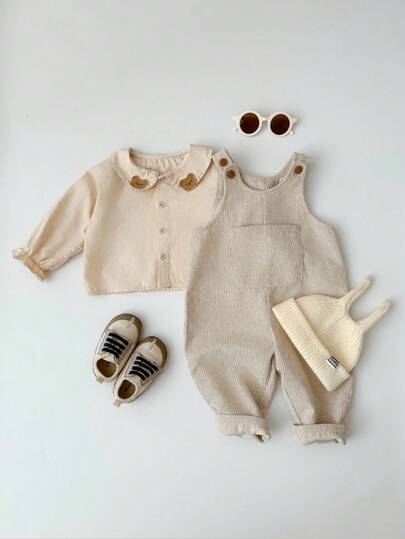 SHEIN 休闲运动可爱落肩宽松口袋背带裤工装裤，适合男宝宝和女宝宝，秋冬季