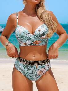 Swim Lushoire Summer Beach Floral Twist Stitch Detail Push Up Bikini - Multicolor - View 4