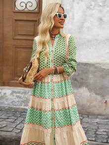 Brillora 女式度假休闲拼色印花前扣拼接长裙 - 綠色 - 查看 2