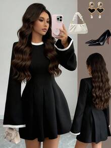 Elenzga Elegant Black & White Contrast Color Fitted Crew Neck Long Sleeve Mini Dress - Black - View 1